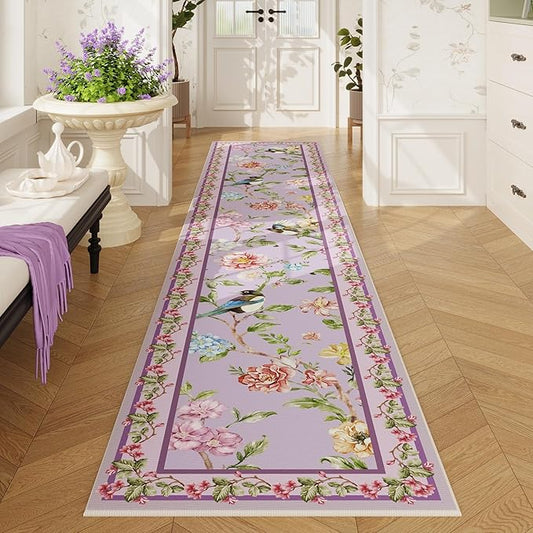 Runners for Kitchen Runner Rug Non Slip 2'x10' Long Washable Rugs with Rubber Backing Soft Floral Bird Magpies Animal Carpet Runner for Kitchen, Laundry, Bedroom, Bathroom (Purple)