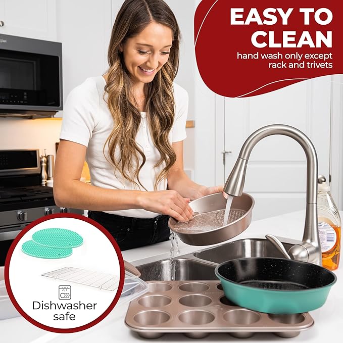 KITCHENATICS 12-Pc Carbon Steel Baking Pans Set Nonstick, Kitchen Essentials for New Home, Nonstick Bakeware Sets w/Cake Pans, Muffin Top Pans Non Stick, Oven Pan - Stackable Bakeware Set, Turquoise