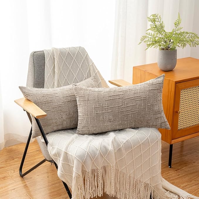 Decorative Throw Pillow Covers 12x20 Inch Set of 2, Soft Solid Farmhouse Chenille Couch Pillows, Spring Pillow Covers for Couch Sofa Bed Living Room Home Decor Pillowcase, Light Khaki