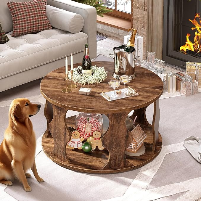 HSH Round Wood Coffee Table, Rustic Brown Circle Center Table with Storage, Farmhouse Wooden Living Room Coffee Tea Tables in Small Room, Unique Vintage 2 Tier Circular Middle Cocktail Table, 31.5 in