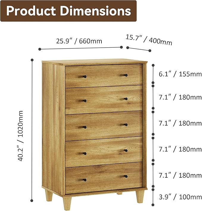 5 Drawer Dresser for Bedroom, Tall Modern Chest of Drawers, Beveled Profile Design, Wood Drawer Organizer for Bedroom, Living Room, Hallway and Entryway,Oak
