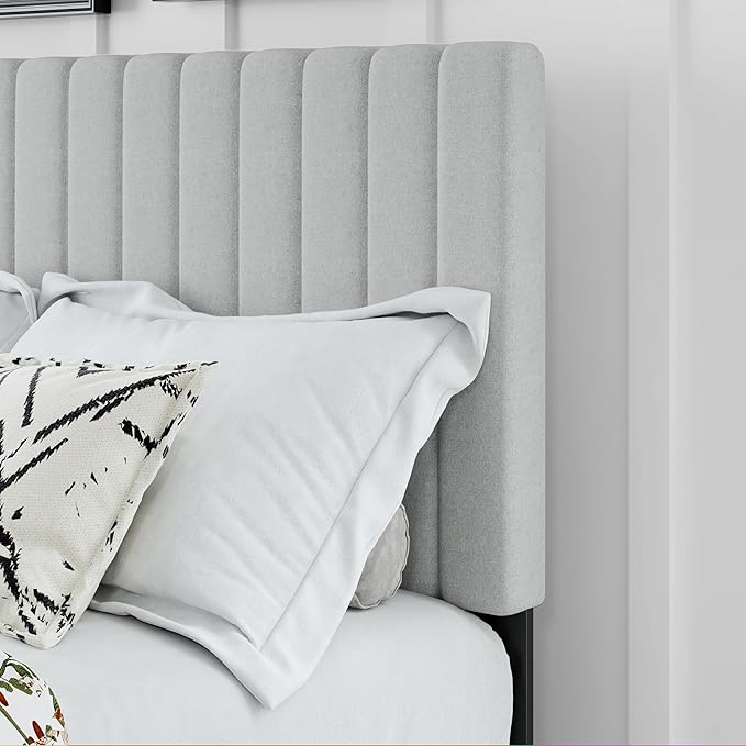 Twin Size Bed Frame, Fabric Upholstered Platform Bed with Adjustable Headboard, Sturdy Frame and Wooden Slats, Noiseless, No Box Spring Required, Easy to Assemble, Light Grey