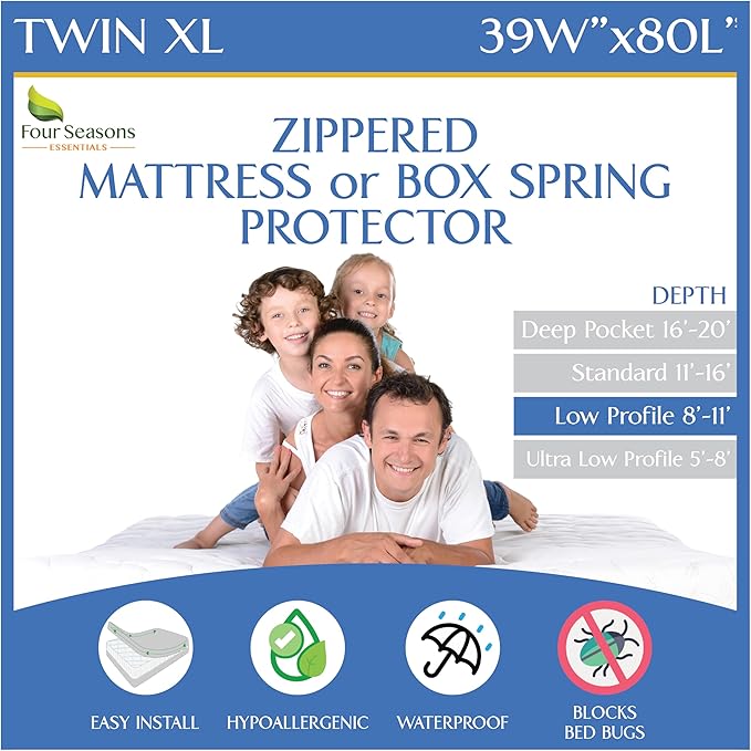 Twin Extra Long (Twin XL) Mattress Protector (8"-11" Depth) - Zippered Waterproof Cover - Fits College Dorm Twin XL Mattress - Hypoallergenic Premium Quality Encasement