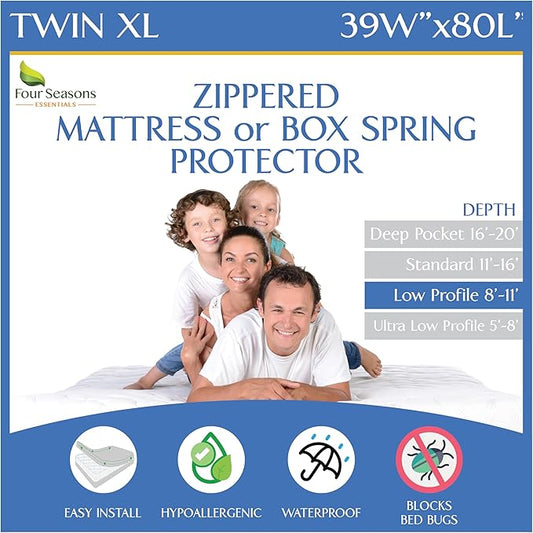 Twin Extra Long (Twin XL) Mattress Protector (8"-11" Depth) - Zippered Waterproof Cover - Fits College Dorm Twin XL Mattress - Hypoallergenic Premium Quality Encasement
