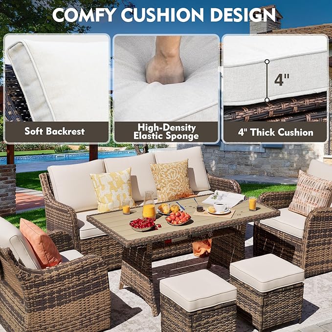 6 Pieces Outdoor Patio Furniture Set, Wicker Patio Conversation Set, Patio Sectional Furniture Set with 2 Single Chair and Sofa, 2 Ottomans and Dining Table (Brown)