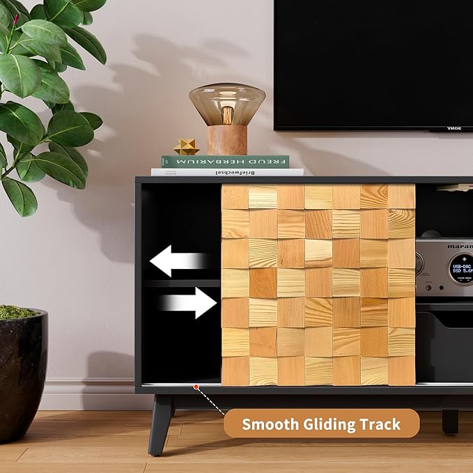 Mid Modern TV Stand with Storage | 55" Wide Walnut Wood Console Cabinet | Entertainment Center w/Adjustable Shelves | Solid Wood Legs | Easy Assembly