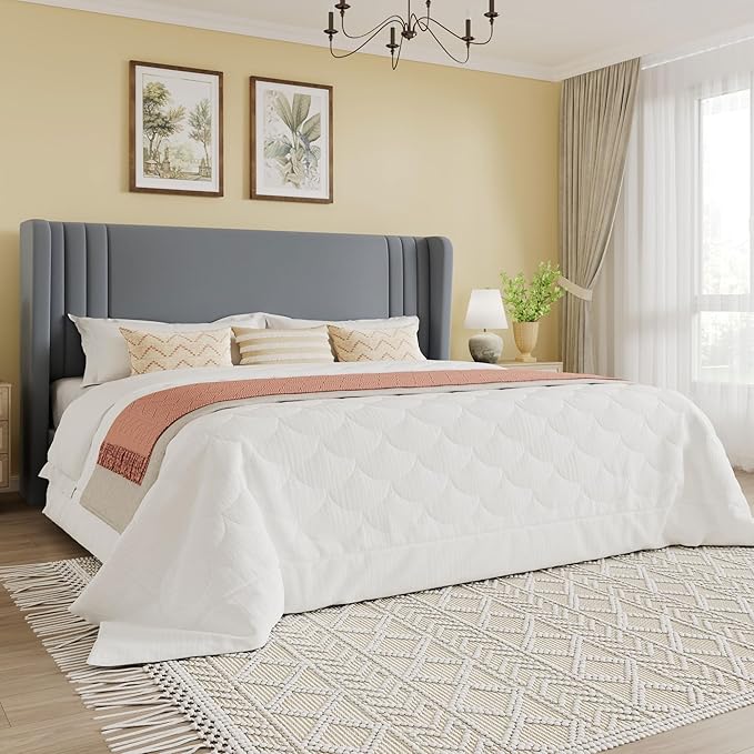 SHA CERLIN King Size Velvet Upholstered Platform Bed Frame with Vertical Channel Tufted Wingback Headboard, Wooden Slats Support, Easy Assembly, Under Bed Storage, No Box Spring Required, Grey