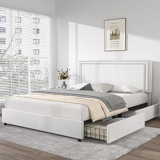 VECELO Queen Size Upholstered Platform Bed Frame with 4 Storage Drawers, Adjustable Velvet Rivets Headboard, Wooden Slats Support, No Box Spring Needed, Easy Assembly