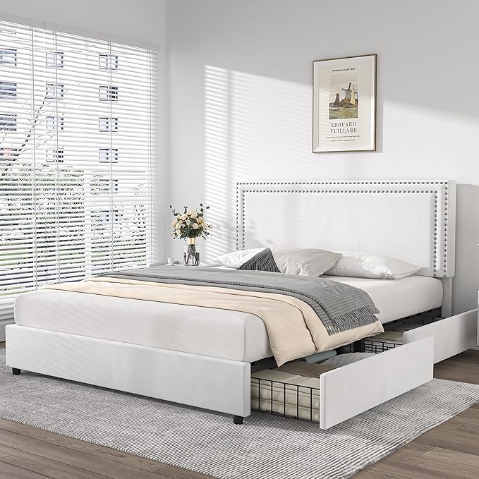 VECELO Full Size Upholstered Platform Bed Frame with 4 Storage Drawers, Adjustable Velvet Rivets Headboard, Wooden Slats Support, No Box Spring Needed, Easy Assembly