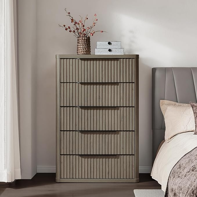 SICOTAS Dresser for Bedroom - Tall Dressers & Chests of Drawers with 5 Drawers Large Modern Dresser for Closet Fluted Wide TV Stand Clothes Closet Storage for Bedroom Hallway Entryway, Grey Alder