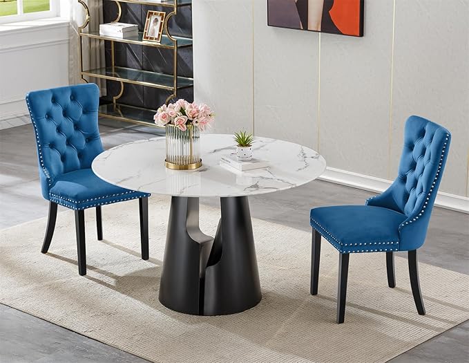 3-Piece Faux Marble Round Dining Table Set for 2, Modern Luxury Kitchen Table Set for 2 with Blue Tufted Chairs,Circle Dining Tables with White Marble Grain Top and Black Pedestal Base