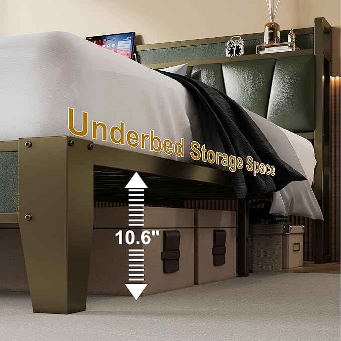 LIKIMIO California King Bed Frame, Storage Headboard with Charging Station, Solid and Stable, Noise Free, No Box Spring Needed, Easy Assembly (Dark Green)