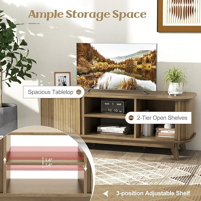 Tangkula Sliding Doors TV Stand for TV up to 55 Inch, Mid Century Modern TV Console Table, Television Cabinet w/ 2 Open Shelves & Sliding Doors, Home Media Entertainment Center for Living Room (Oak)