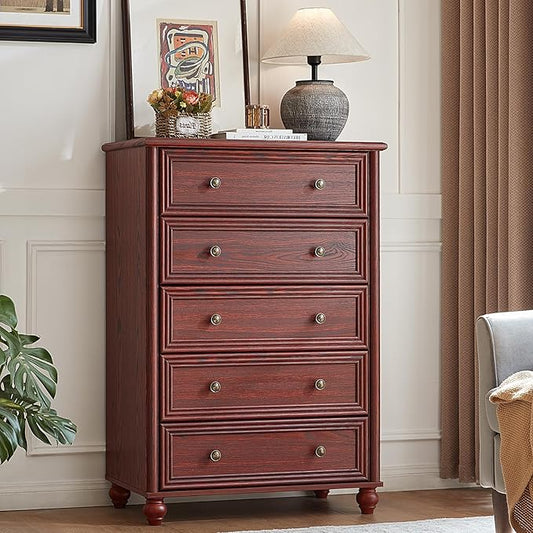 Farmhouse 5 Drawers Dresser for Bedroom, Wood 45" Tall Dressers Chest of Drawers, Kids Dresser Rustic Storage Dressers Organizer with Metal Handle Closet for Living Room, Hallway, Red Oak
