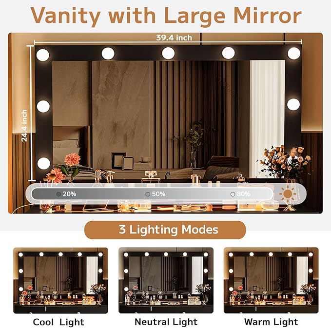 Vanity Desk with Large Mirror and Lights, 39.4'' Glass Top Makeup Vanity with RGB Cabinet Drawers Power Outlet 3 Color Light Modes Brightness Adjustable Vanity Dressing Table for Bedroom Black