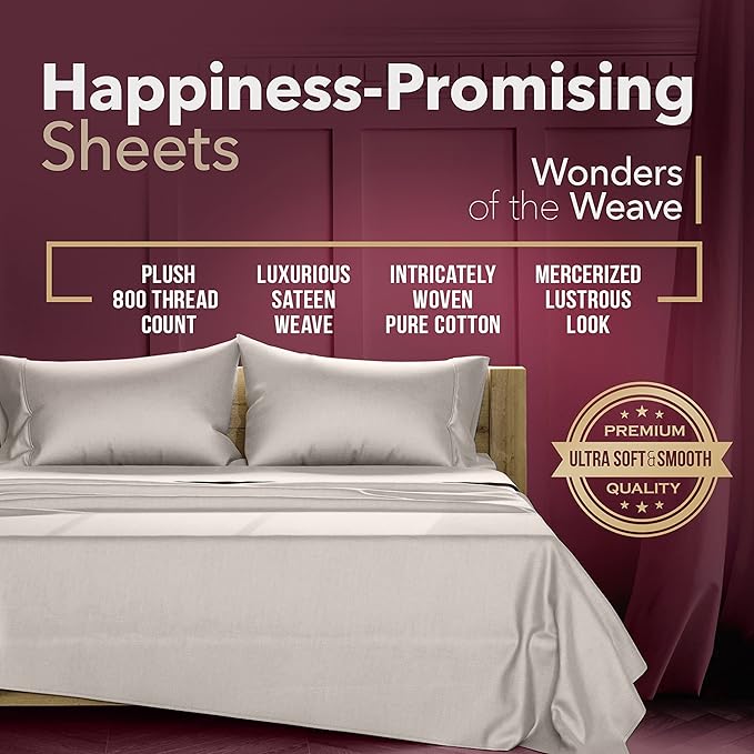 TEXAS LINEN CO. Luxury Egyptian Cotton Twin XL Sheet Set - 800 Thread Count 3 PC Beige Cotton Sheets for Twin XL Bed, Extra Long Staple Silky Soft Cooling Sateen Sheets, 16" Deep Pocket Dorm Sheets