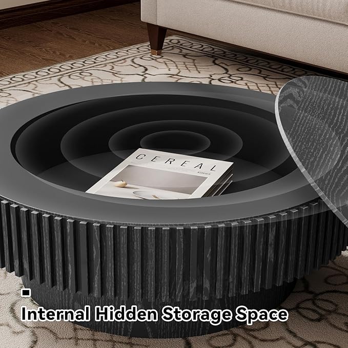 Round Coffee Table for Living Room, Accent Fluted Drum Coffee Table with Storage, Modern Solid Wood Veneered Circle Center Tea Table for Small Space Apartment (31.5''D×14''H-Black)