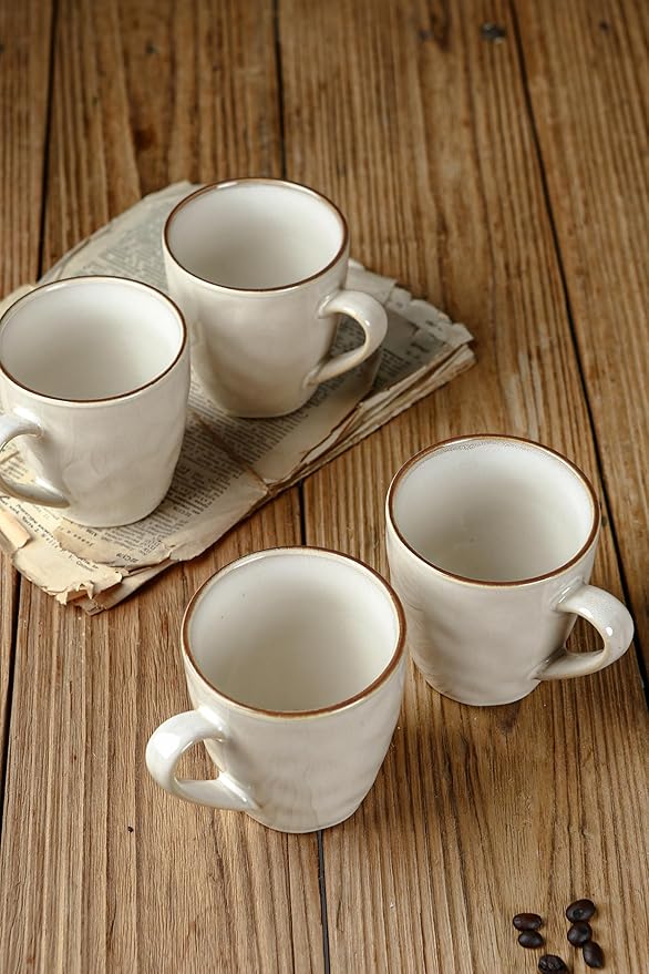 famiware Coffee Mugs Set of 4, Ocean Round 11.5oz Coffee Cup Set with Handle for Cocoa, Milk, Hot Chocolate, Tea or Water, Stoneware Cups for Kitchen, Microwave Dishwasher Safe, Cappuccino White