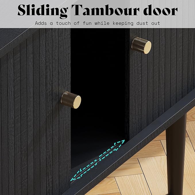 AMERLIFE 70" TV Stand with Solid Wood Legs, Mid Century Modern TV Console with Tambour Door for 80-inch TV, Dust-Proof Storage Cabinet for Living Room, Embossed Black