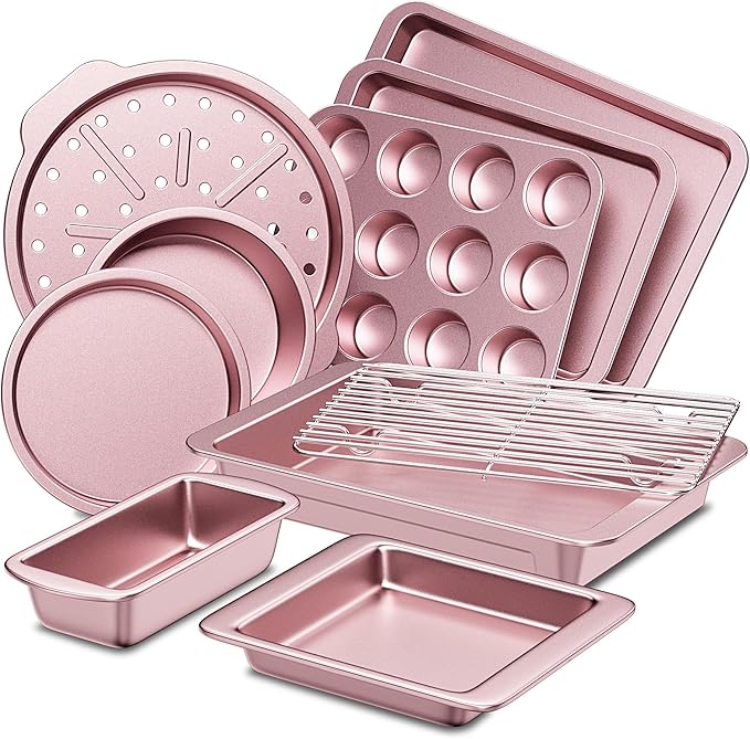 HONGBAKE Bakeware Sets, Baking Pans Set, Nonstick Oven Pan for Kitchen with Wider Grips, 10-Piece Including Rack, Cookie Sheet, Cake Pans, Loaf Pan, Muffin Pan, Pizza Pan - Pink