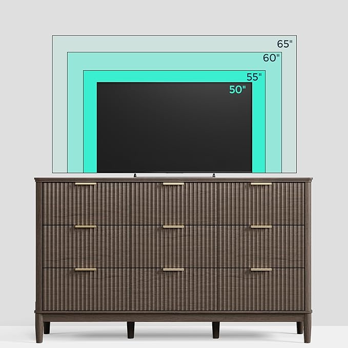 LINSY 9 Drawer Double Dresser for Bedroom, Modern Fluted Wood Chest of Drawers with Gold Metal Handles, Wide Storage Dresser TV Stand for Bedroom, Living Room, Entryway, Walnut