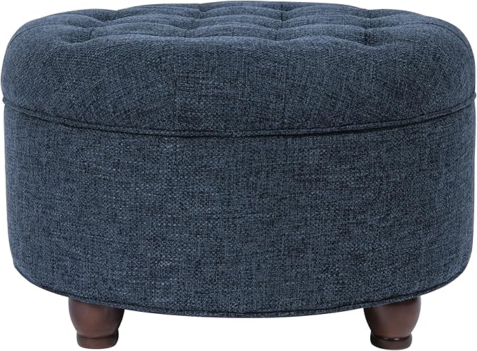 Homepop Home Decor | Large Button Tufted Woven Round Storage Ottoman for Living Room & Bedroom (Navy Woven) 25 inch D x 25 inch W x 15 inch H
