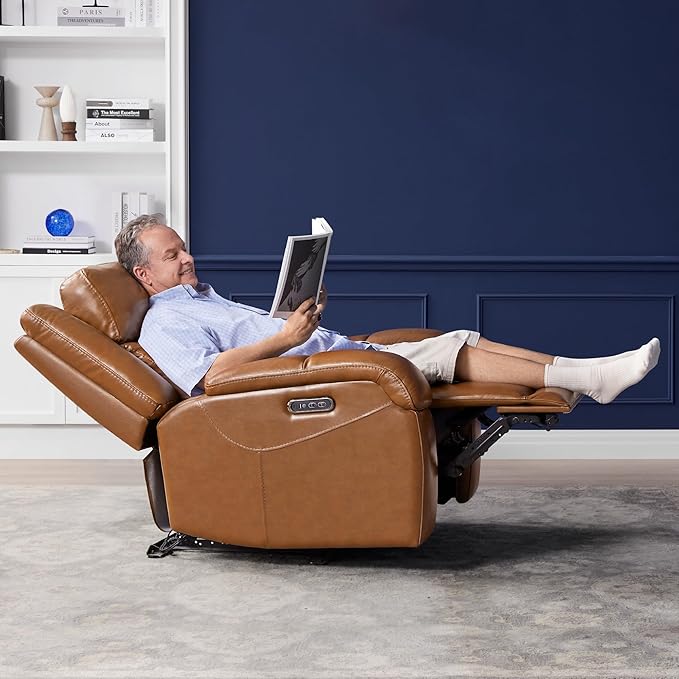 Watson & Whitely Genuine Leather Power Recliner Chairs for Adults, Wall Hugger RV Recliner with Power Headrest & Charging Ports, Electric Recliner Sofa Chair for Living Room, Saddle Brown