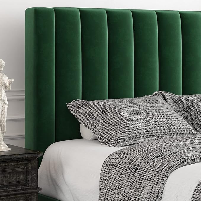 Allewie Full Bed Frame/Velvet Upholstered Bed Frame with Vertical Channel Tufted Headboard/Strong Wooden Slats/Platform Bed Frame/Mattress Foundation/Box Spring Optional/Easy Assembly/Green