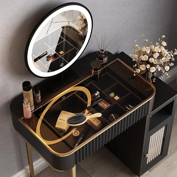 Lartis Makeup Vanity, Makeup Vanity with LED Makeup Mirror, Three Adjustable Light Levels, Tempered Teal Glass countertop