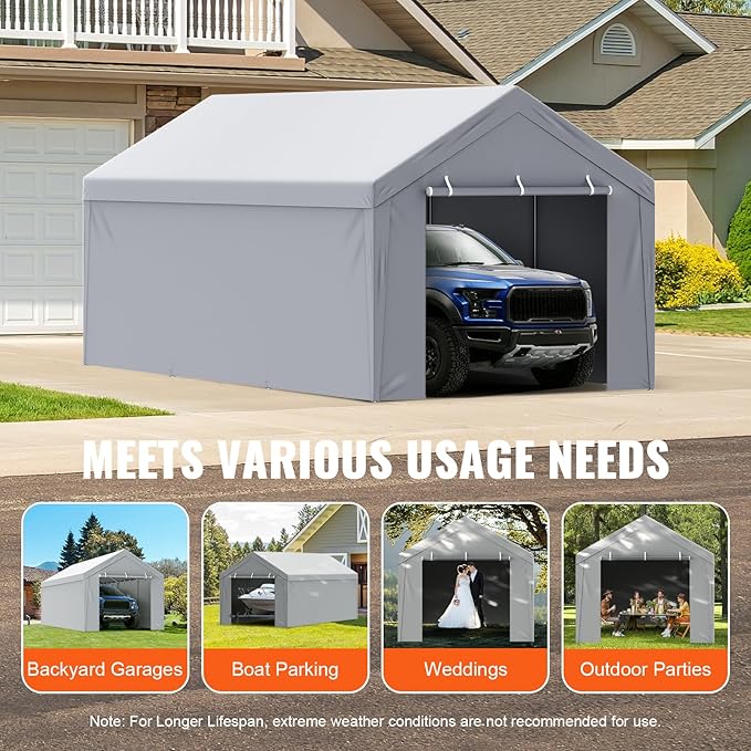 VEVOR Carport Replacement Canopy Cover Top + Side Wall 13 x 20 ft, Garage Tent Shelter Tarp Heavy-Duty Waterproof & UV Protected, Easy Installation with Ball Bungees,Grey (Frame Not Included)