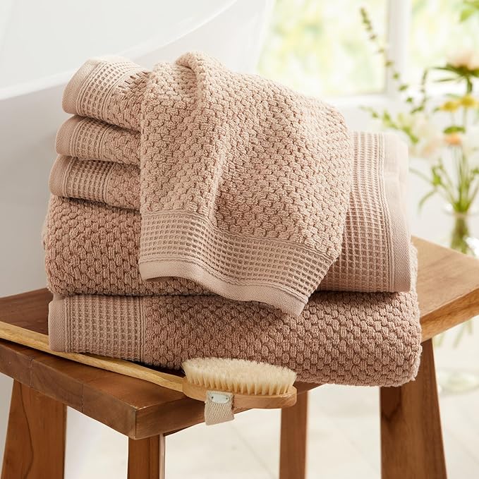 Belle Collection 100% Cotton Waffle Textured 6 Piece Towel Set | Super Soft Quick Dry Bath & Hand Towels, Washcloths | Beige