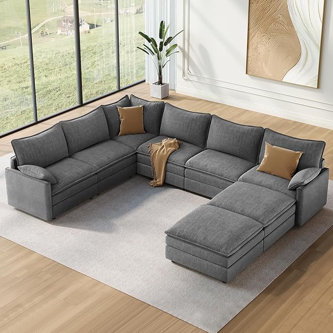 Vesgantti Large Modular Sectional Sofa, Big Comfy Cloud Couch with Ottoman Deep Seat Chenille Cloud Sofa, 8 Seater Large Sectional Couches for Living Room, Bedroom and Apartment, Gray