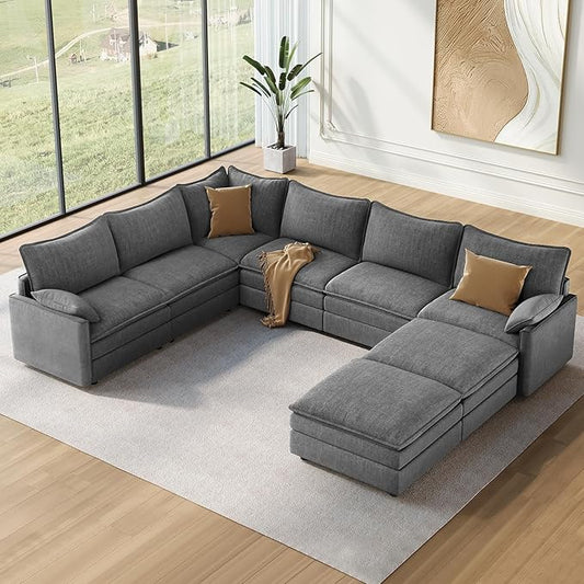 Vesgantti Large Modular Sectional Sofa, Big Comfy Cloud Couch with Ottoman Deep Seat Chenille Cloud Sofa, 8 Seater Large Sectional Couches for Living Room, Bedroom and Apartment, Gray