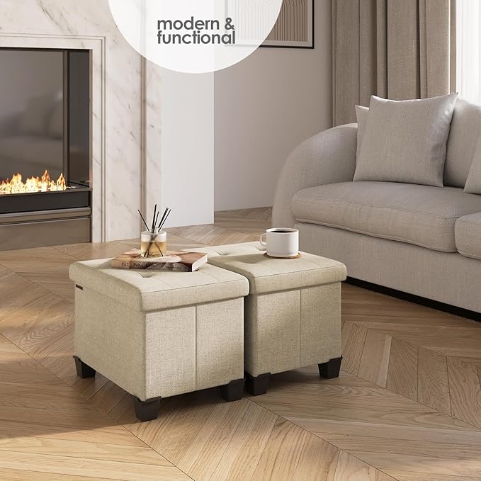 STORAGEBUD Storage Ottoman Cube with Small Bin, 16-in Square Ottoman with Storage for Living Room and Bedroom, Small Ottomans Foot Rest, Fabric Foot Stools Ottomans Max 330lbs, Beige