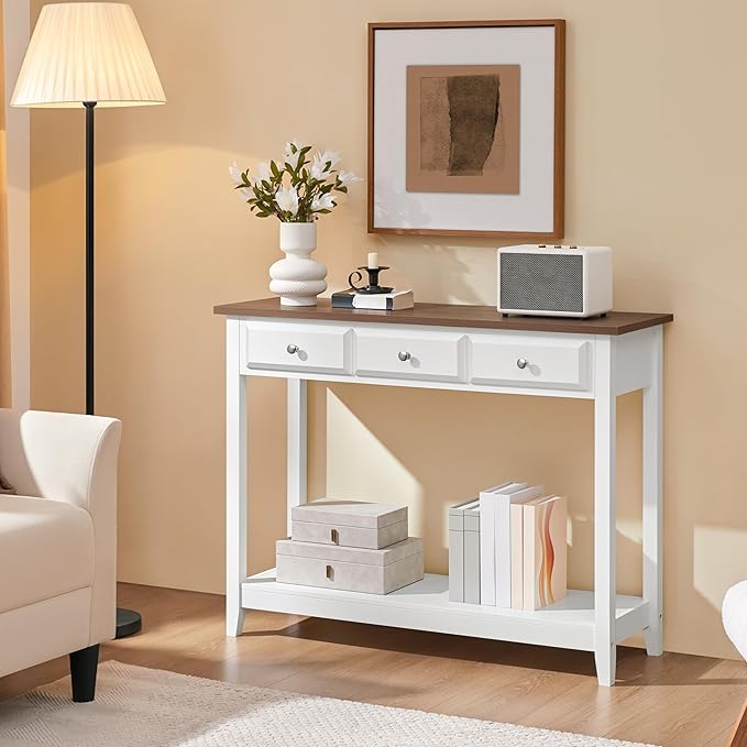 Yaheetech Farmhouse Console Table with 3 Drawers, Modern Wood Entryway Table, Narrow Long Sofa Table with Storage Shelf for Hallway, Living Room, Front Hall, Foyer, Rustic Vintage, White & Brown