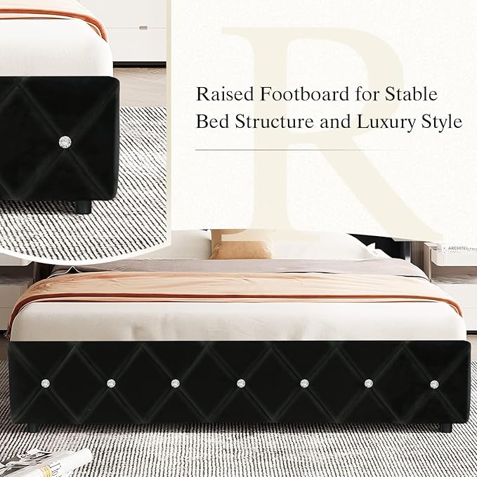 HOMBCK Queen Bed Frame with Headboard, Velvet Upholstered Bed with Wingback and Diamond Tufted Design, Wood Slat Support, No Box Spring Needed, Black