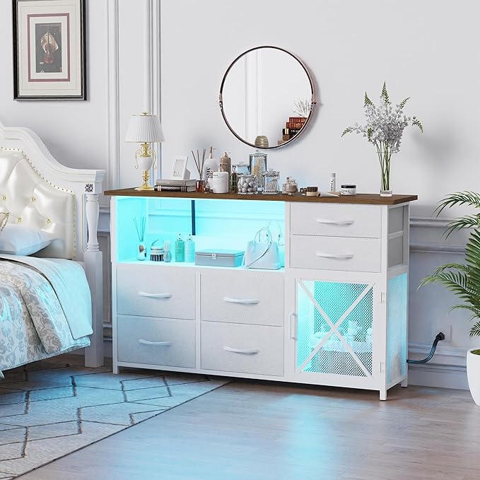 Dresser for Bedroom with LED Lights, TV Stand with Charging Station for 50 inch TV, 6 Drawers Chest with Door and Side Storage, Wide Metal Dresser Table for Living Room, White and Brown