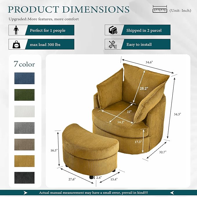 Swivel Accent Chair with Ottoman Comfy Reading Chairs for Bedroom Modern Corduroy Arm Chair 360°Swivel Barrel Chairs for Living Room,Apartment (Yellow, 2)