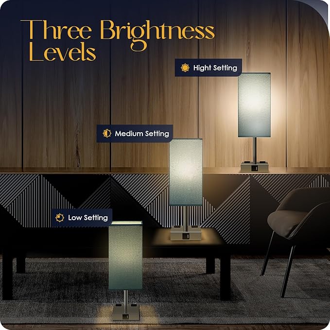 Bedside Lamp with USB Ports - Touch Control Table Lamp for Bedroom with USB C+A Charging Ports & AC Outlets, 3 Way Dimmable Nightstand Light with Flaxen Shade for Living Room (LED Bulb Included, Blue)
