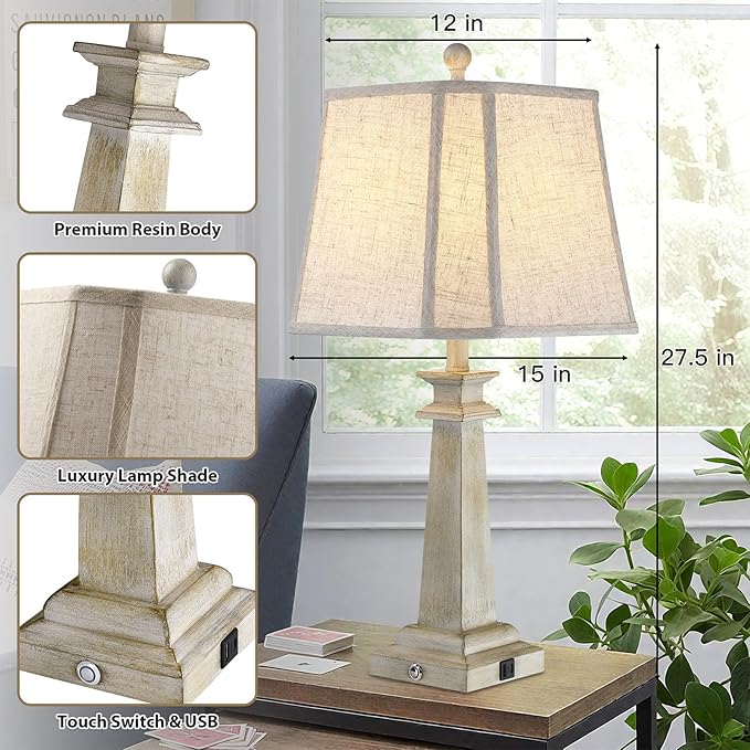 27.5" Table Lamp for Bedroom, 3-Way Dimmable Touch Lamp for Nightstand, Farmhouse Table Lamp for Living Room with USB A+C Charging Ports, Bulb Included (Antique White)