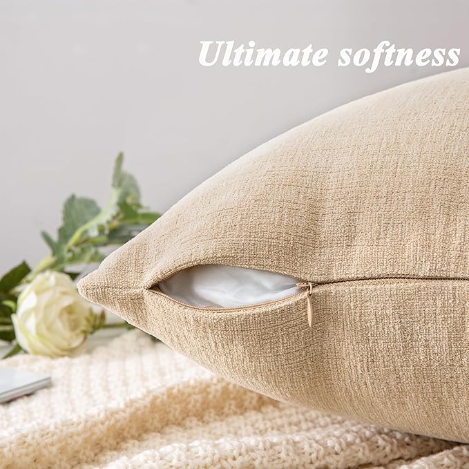 GAWAMAY Decorative Square Throw Pillow Covers 20"x20" Inch Set of 2, Super Soft Chenille Pillows Farmhouse Fall Pillowcase for Living Room Bedroom Sofa Couch Cushion Cover Beige 50x50cm (No Insert)