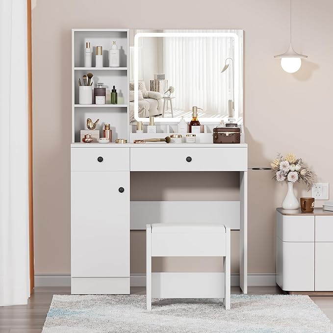 Vanity Desk with Mirror and Lights, 3-Color Lights Adjustable Brightness, White Vanity Makeup Desk with Drawer & Charging Station, Large Dressing Table Make Up for Bedroom