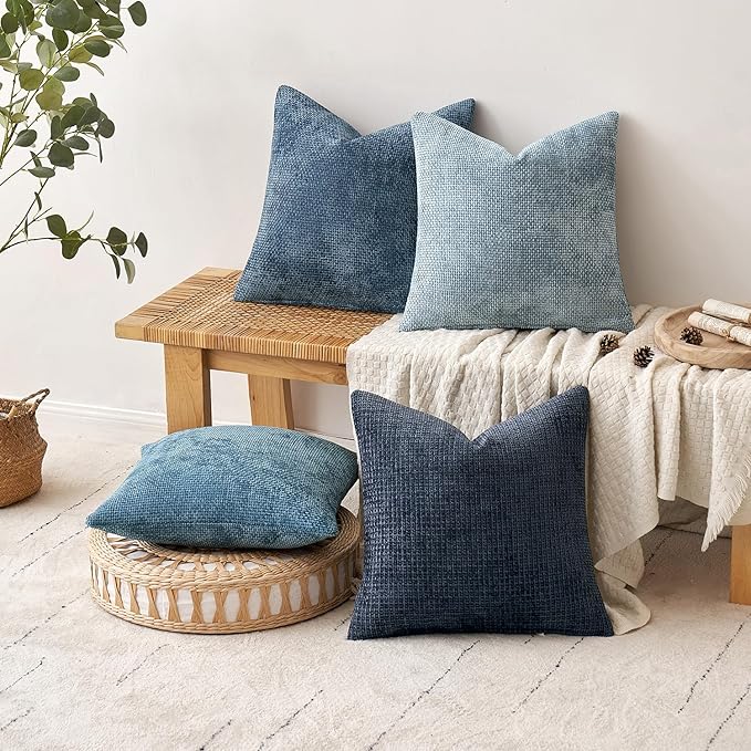 MIULEE Pack of 4 Couch Throw Pillow Covers 16x16 Inch Neutral Blue Soft Decorative Chenille Pillow Covers Farmhouse Accent Cushion Covers for Boho Western Home Coastal Decor Sofa Bedroom Living Room