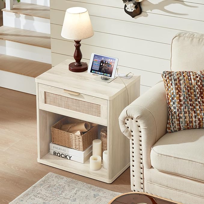 LEYAOYAO Rattan Nightstand with Charging Station, 23" Wide Boho Night Stand with Drawer, Grey White Bedside Table Open Storage Cabinet, Bed Side End Tables Dresser for Bedroom, Living Room, Hallway
