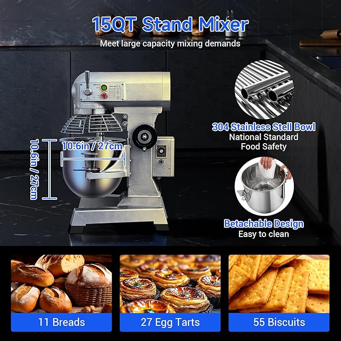 15Qt Commercial Food Mixer with Timing Function, 600W Commercial mixer 3-Speed Adjustable Heavy Duty, Electric Stand Food Mixer with Stainless Steel Bowl for Bakery Pizzeria. (Standard)