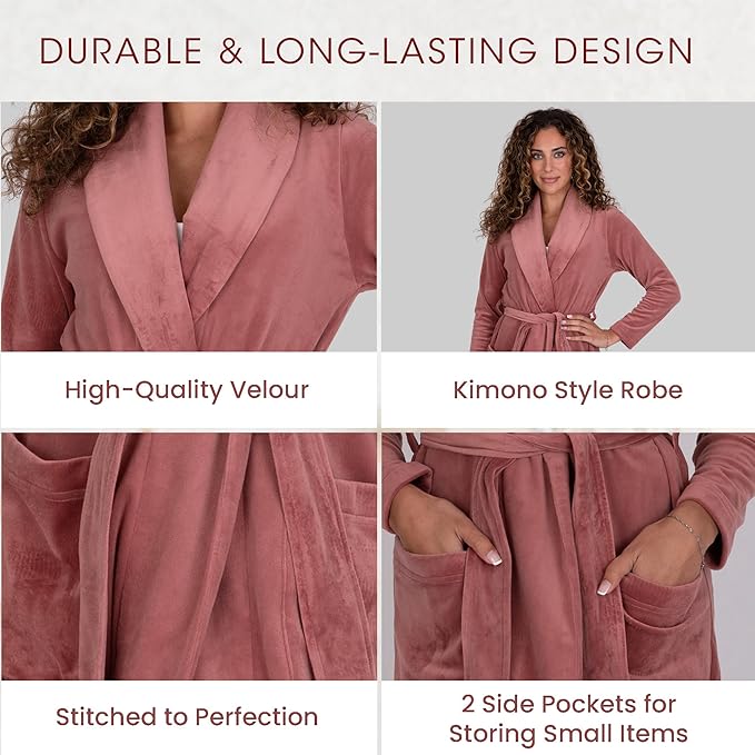 Be Relax Terry Velour Robe - Made of Polyester, Shawl Collar Robe with Belt & Side Pockets, Soft & Warm Bathrobe for Women