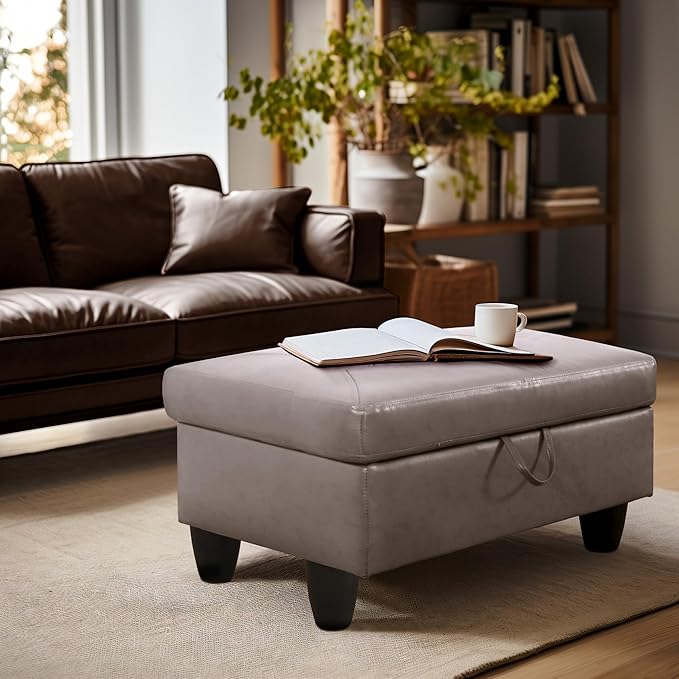 Ottoman Rectangular Storage Ottoman Bench, Faux Leather Footrest, Coffee Table, Stool Footstool with Hinged Lid for Living Room, Bedroom, Entryway, Champagne, 28.5"x19"x17.5"