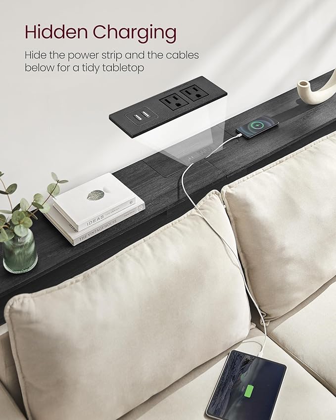 VASAGLE 70.9-Inch Console Table with Outlet and Shelves, Sofa Table with Charging Station, Behind Couch Table Skinny, Entryway Table for Hallway, Living Room, Charcoal Gray and Ink Black ULNT118B22