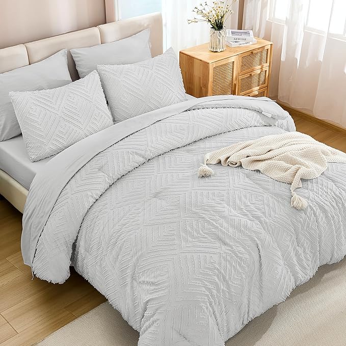 Andency California King Size Comforter Set with Sheets Light Grey - 7 Pieces Bed in a Bag Cal King Boho Tufted Lightweight Bedding Sets with Comforter, Sheets, Pillowcases & Shams