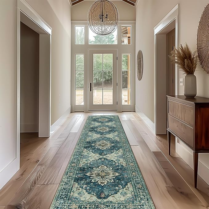 Area Rugs 2'x10' Washable Non-Slip, Floral Vintage Distress Print Pattern Medallion Carpet for Living Room Bedroom Dining Room, Dark Blue Vintage